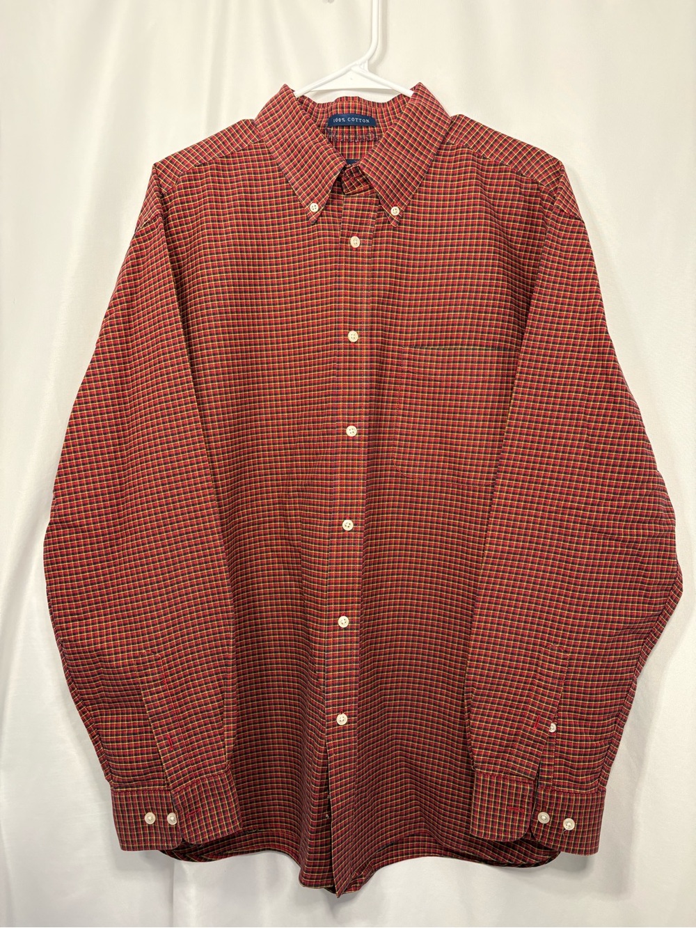John Ashford Classic Men's Red Plaid Button-Down Shirt 100% Cotton Size XL